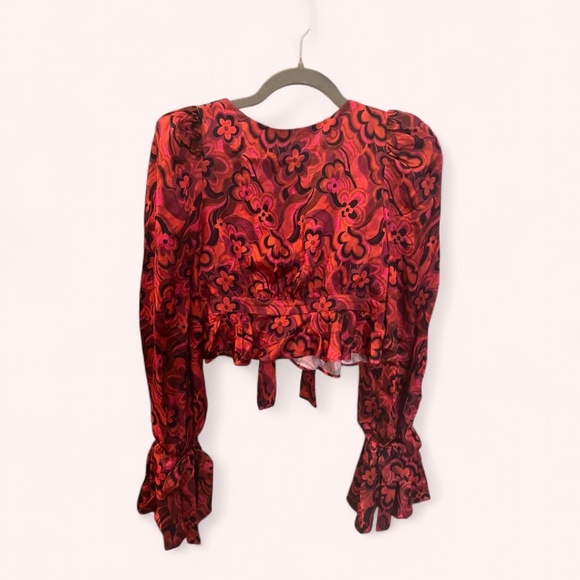 For Love & Lemons Funky Floral Red Flare Davina Tie Front Blouse NWOT Size S - Picture 3 of 8